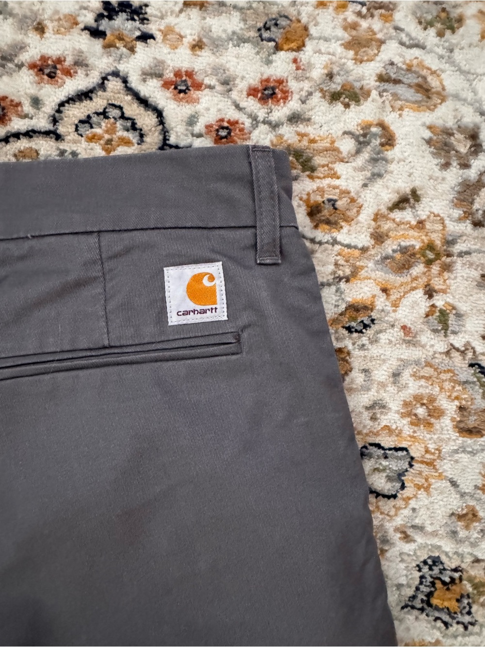 Carhartt WIP Gray Work Pants with Orange Logo Patch